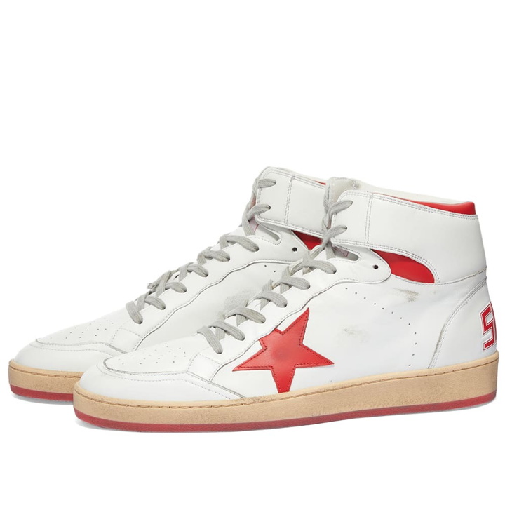 Photo: Golden Goose Men's Sky Star Leather Sneakers in White/Red