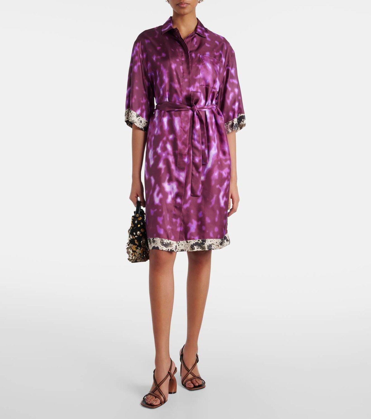 Dries Van Noten Belted printed silk shirt dress