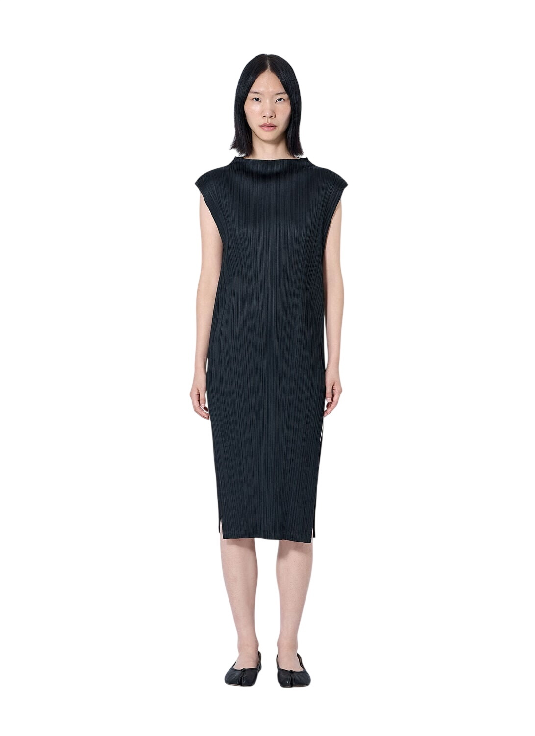 ＊ENFOLD ＮＥＣＫ－ＰＬＥＡＴＳ　ＤＲＥＳＳ Pleats Please Issey Miyake Black Pleated Mock Neck Dress Pleats