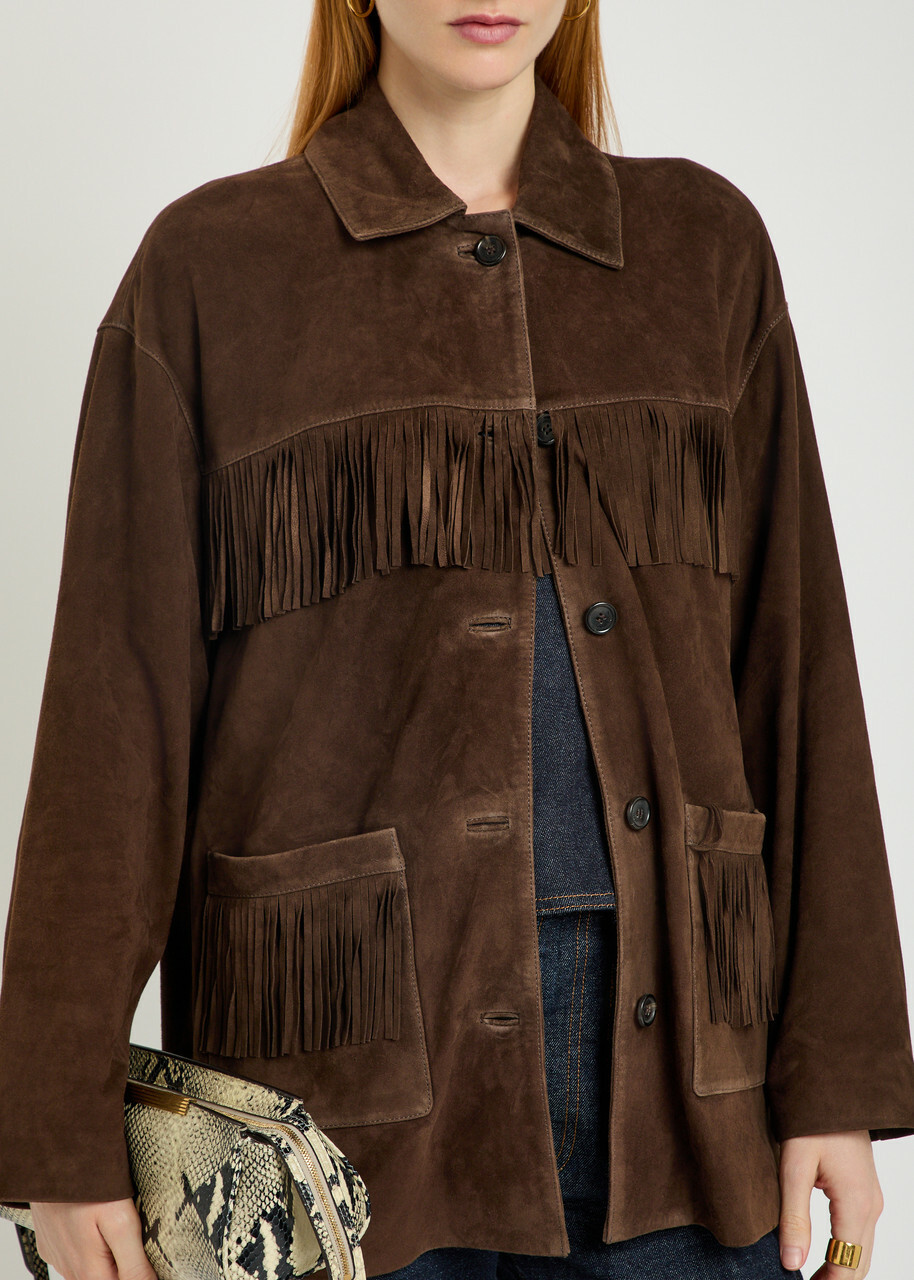 Nili Lotan Foudre Fringed Suede Jacket Dark Brown