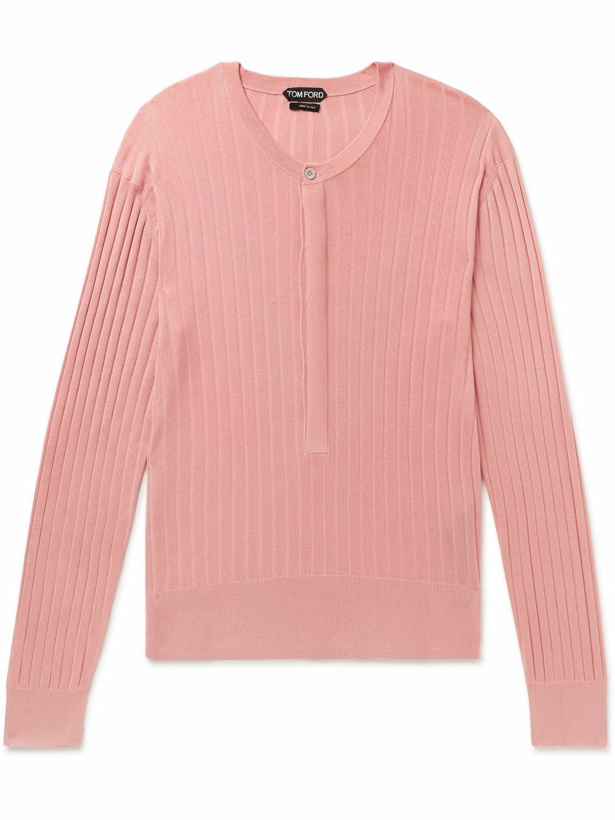 Photo: TOM FORD - Slim-Fit Ribbed Silk-Blend Henley Sweater - Pink
