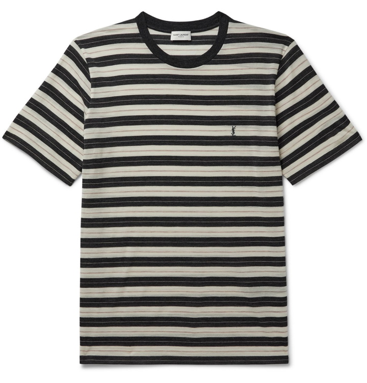 Photo: SAINT LAURENT - Logo-Embroidered Striped Wool-Jersey T-Shirt - Unknown