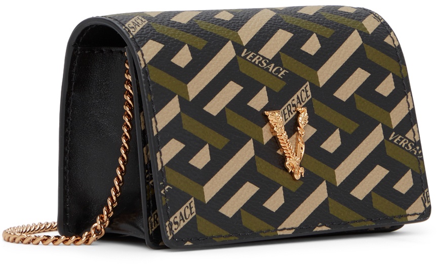 Versace Black & Khaki La Greca Virtus Wallet Chain Bag