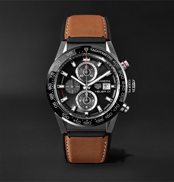 Photo: TAG Heuer - Carrera Automatic Chronograph 43mm Brushed-Steel and Leather Watch - Men - Black