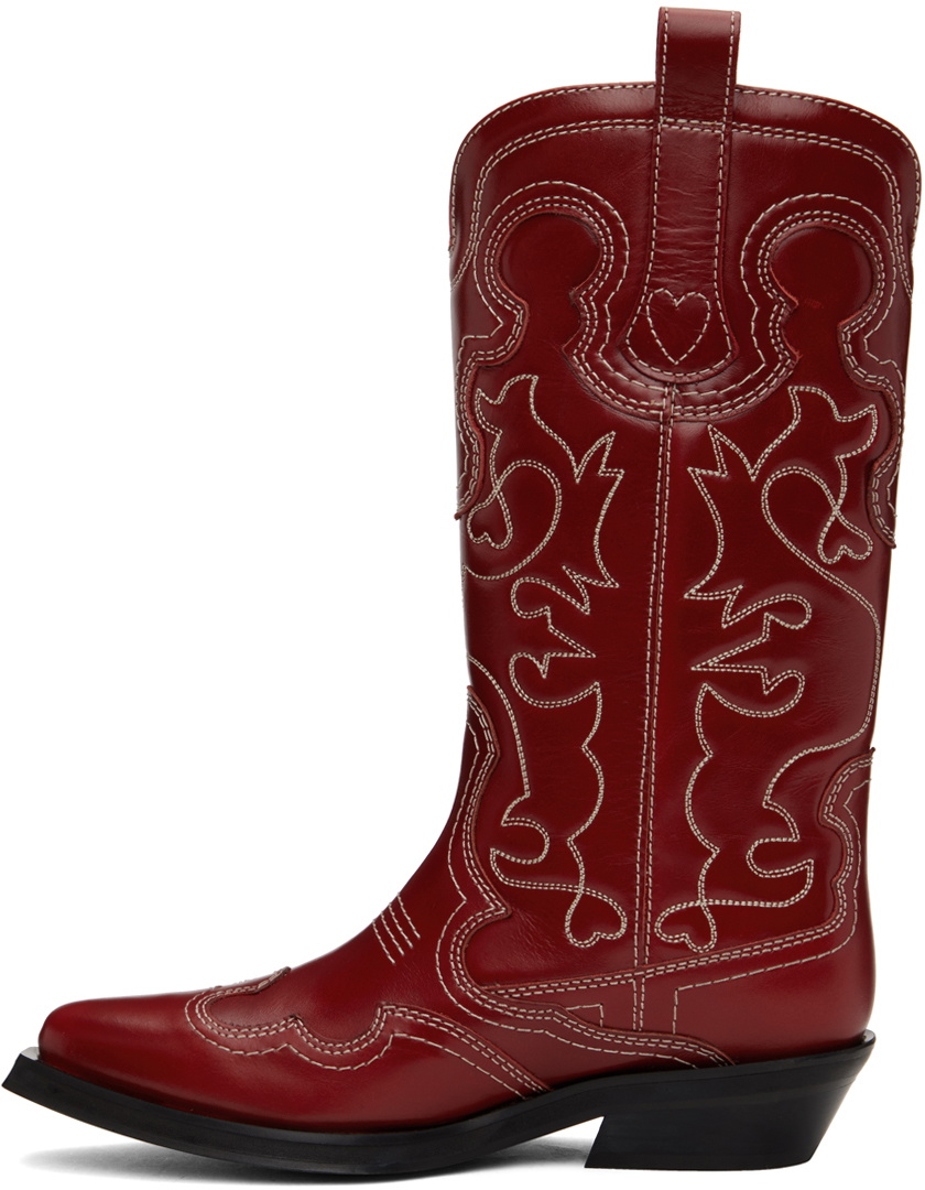 【関税＆送料込み】Ganni Western Boot GANNI Red Mid Shaft Embroidered Western Boots GANNI