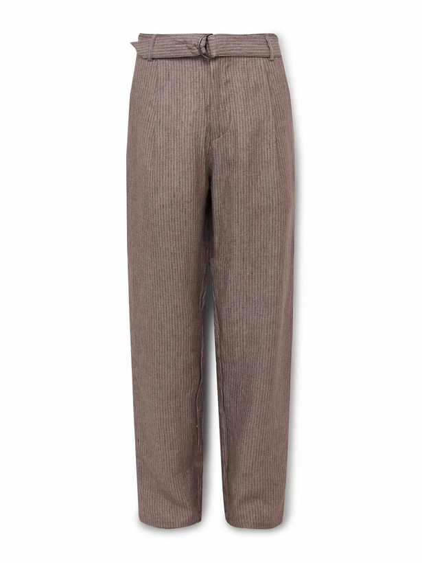 Photo: Oliver Spencer - Wilkins Tapered Belted Pinstriped Linen Suit Trousers - Brown