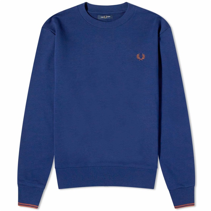 Photo: Fred Perry Men's Crew Neck Sweatshirt in French Navy/Whisky Brown