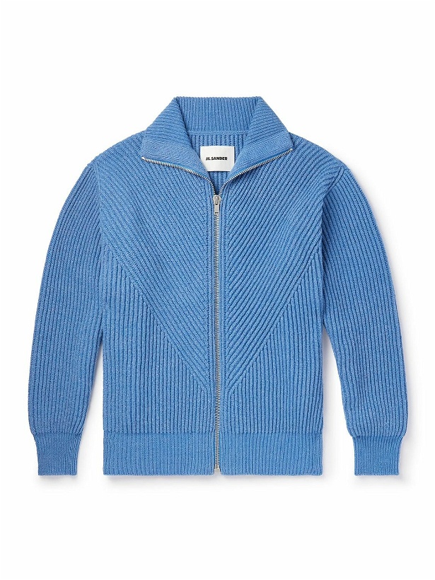 Photo: Jil Sander - Ribbed Cotton and Wool-Blend Zip-Up Sweater - Blue