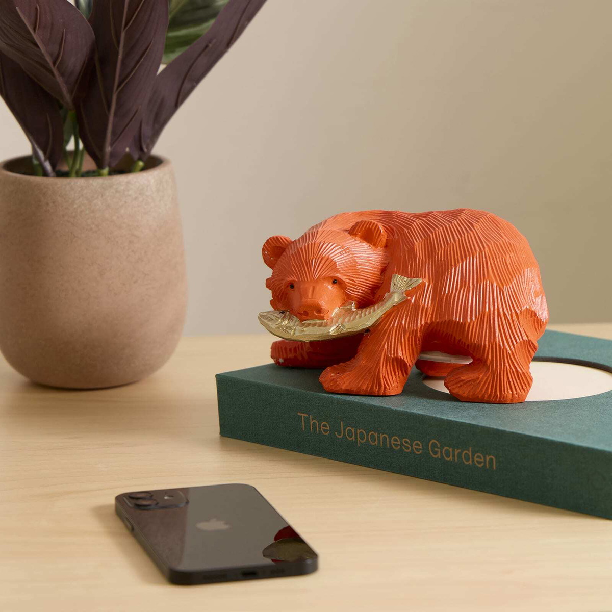BEAMS JAPAN Wooden Carving Bear Piggy Bank in Orange 
