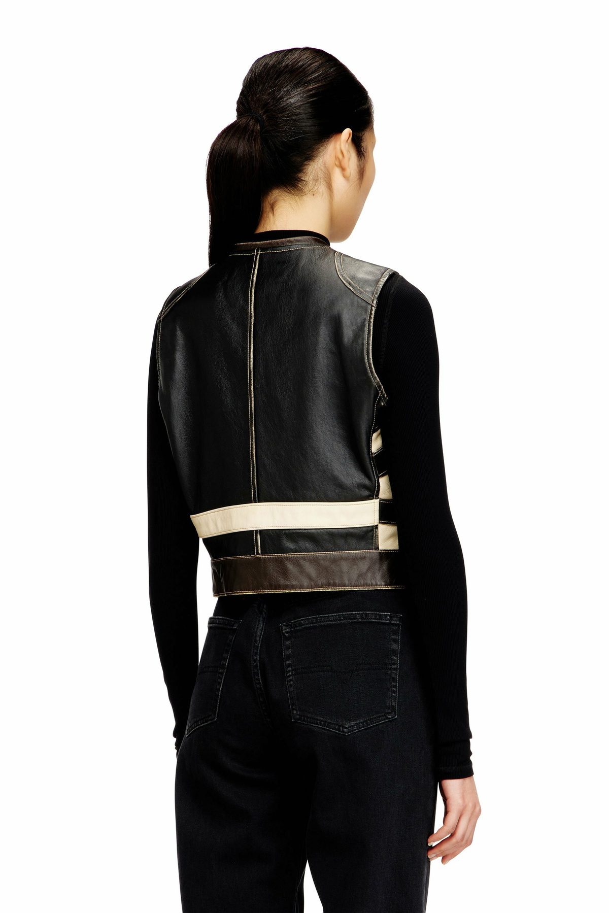 Diesel Leather vest with front logo and contrast stripes - Vests Womens in Multicolor