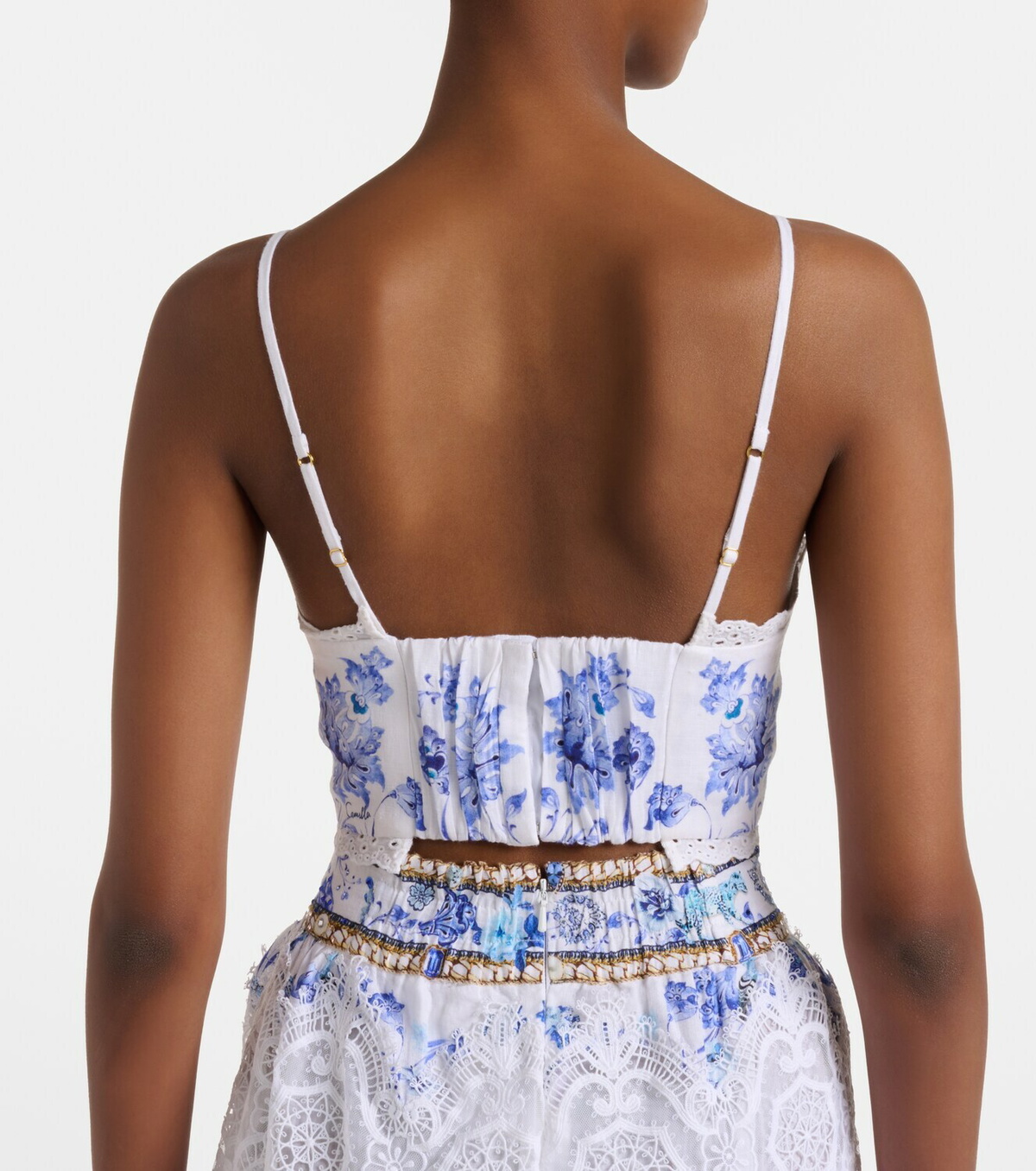 Camilla Printed lace-trimmed linen bra top