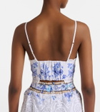 Camilla Printed lace-trimmed linen bra top