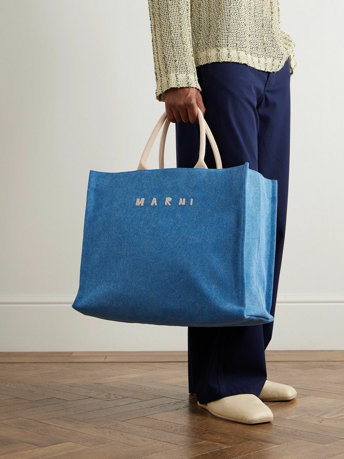Marni - Logo-Embroidered Webbing-Trimmed Stonewashed Denim Tote Bag