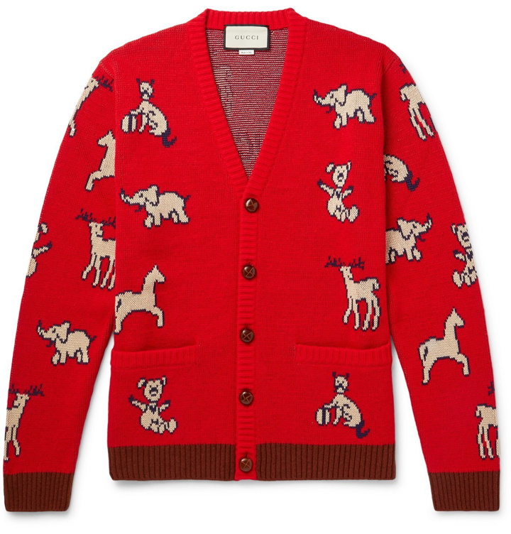 Photo: Gucci - Intarsia Wool and Cotton-Blend Cardigan - Red