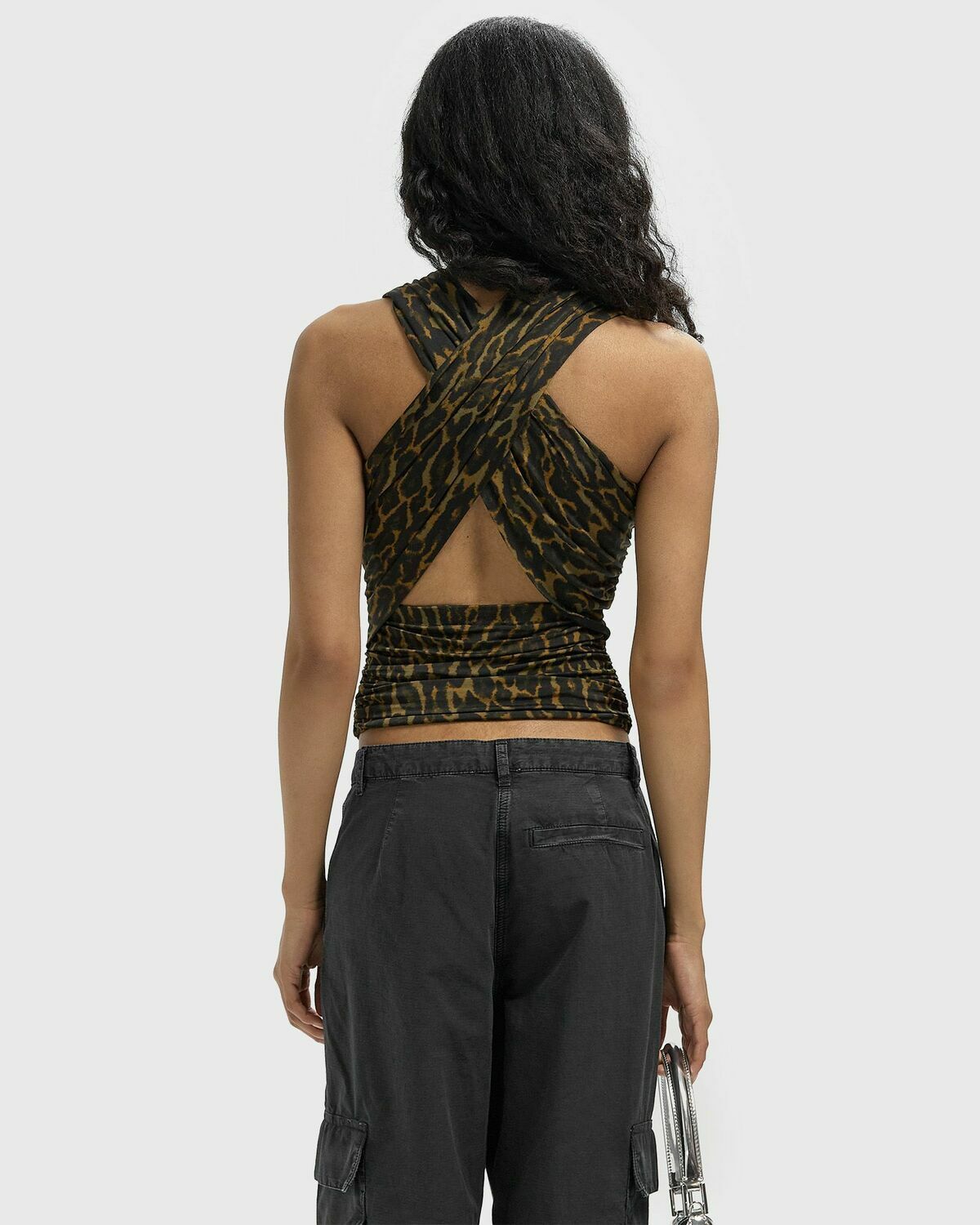 Ganni Printed Shiny Jersey Sleeveless Ruched Blouse black/brown Womens Tops & Tank
