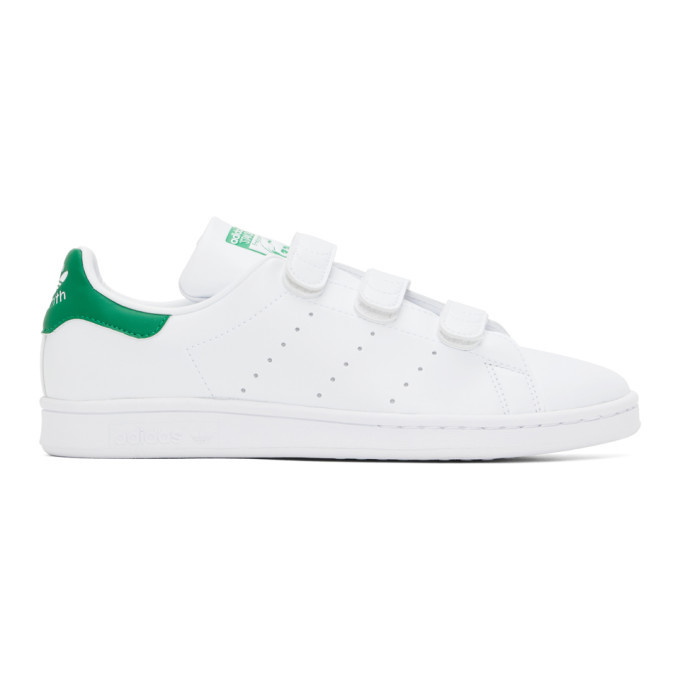 Photo: adidas Originals White and Green Velcro Stan Smith Sneakers