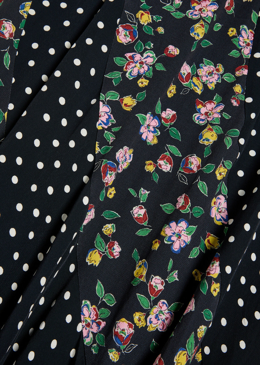 Rixo Gracella Panelled Polka dot and Floral Midi Skirt Black