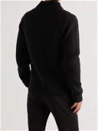 DUNHILL - Leather-Trimmed Ribbed Wool Half-Zip Sweater - Black