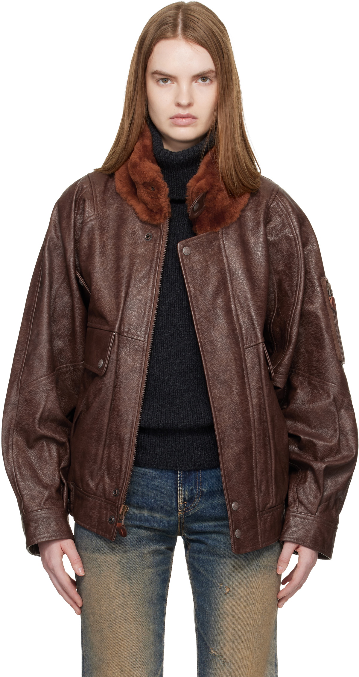 R13 Brown Shearling Collar Flight Leather Jacket