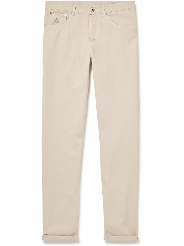 Photo: Brunello Cucinelli - Straight-Leg Logo-Embroidered Cotton-Gabardine Trousers - Neutrals