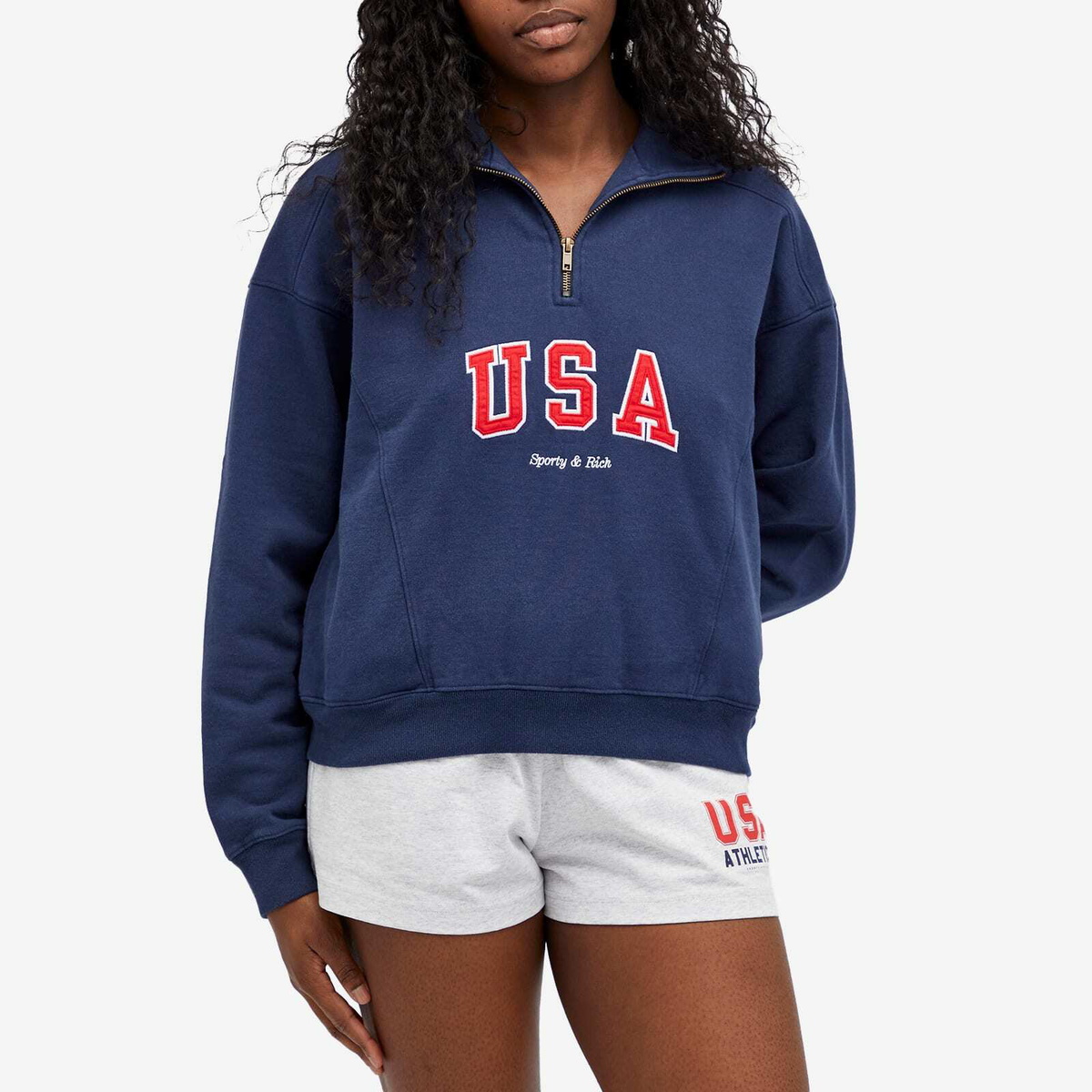 Sporty & Rich Women's USA Quarter Zip in Navy Sports Red