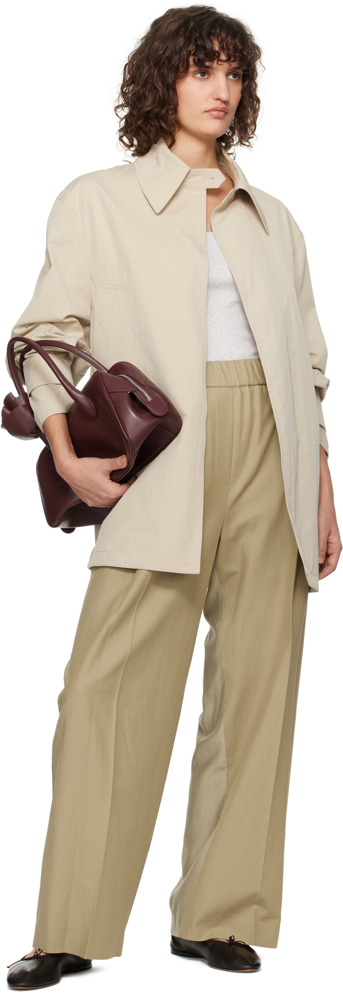 RECTO Beige Contrast Back Banding Wide Trousers