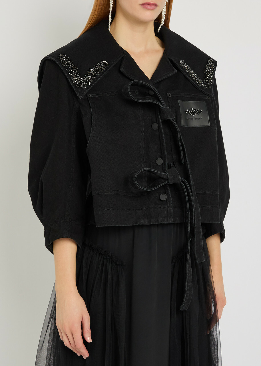 Simone Rocha Crystal-embellished Cropped Denim Jacket Black