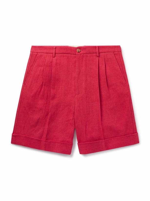 Photo: Valentino Garavani - Straight-Leg Pleated Linen Bermuda Shorts - Red