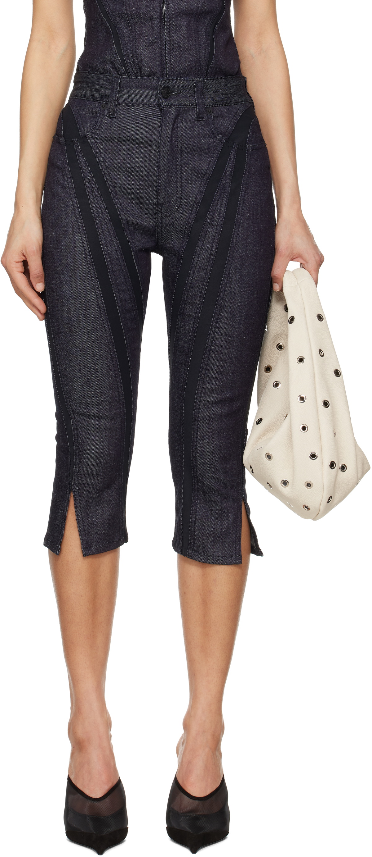 Mugler Navy Mesh Capri Raw Denim Shorts