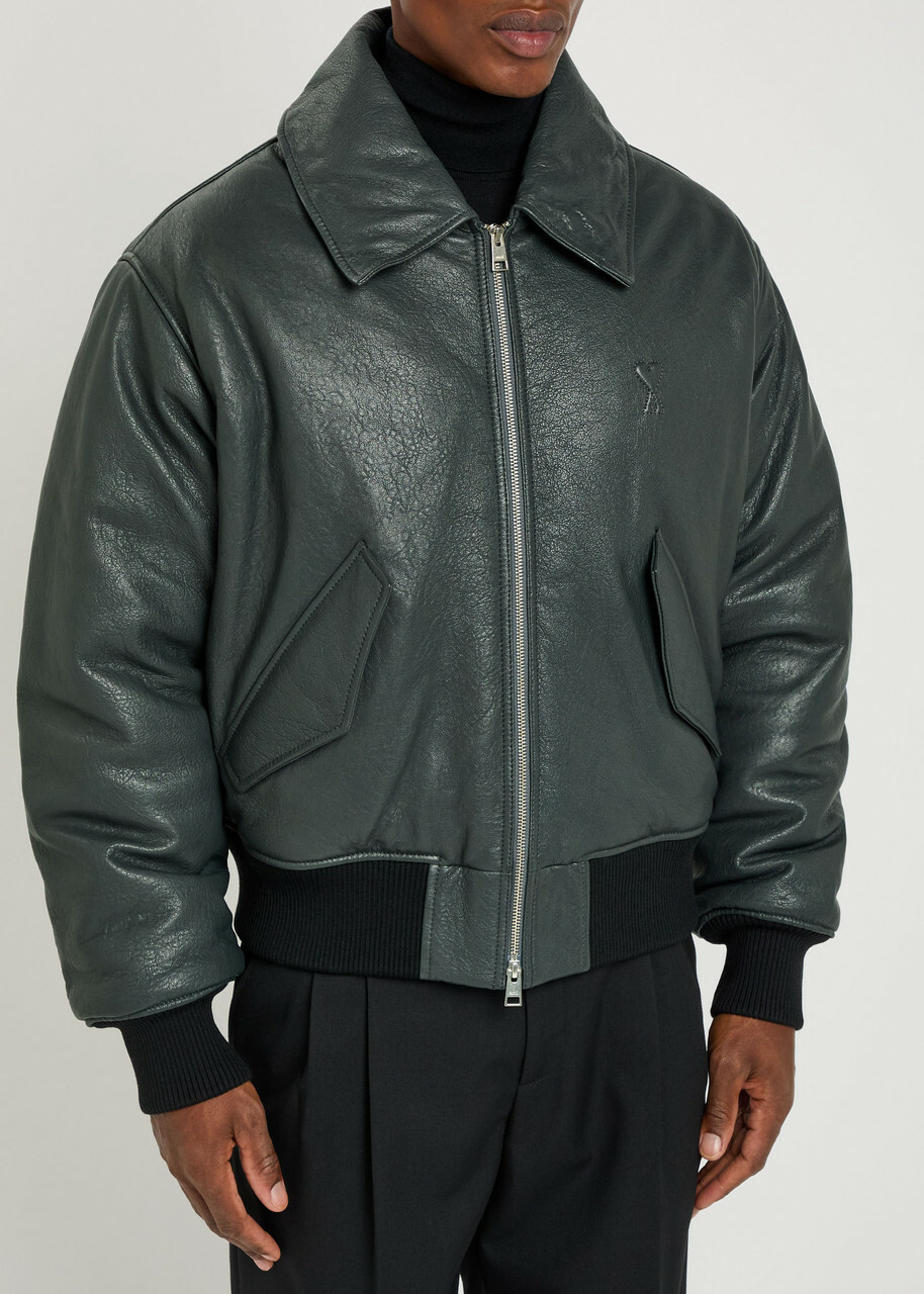 Ami Paris Padded Leather Jacket Anthracite