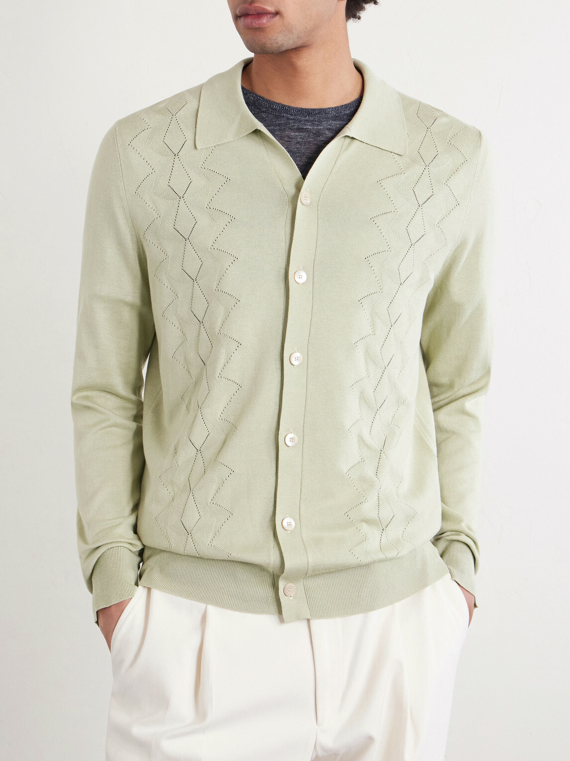 PIACENZA 1733 - Pointelle-Knit Silk and Cotton-Blend Cardigan - Green