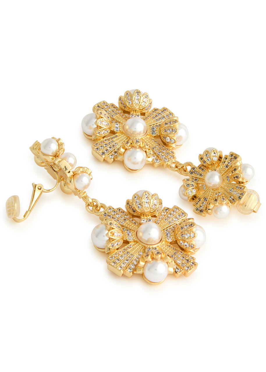 Self-portrait Embellished Gold-plated Clip-on Drop Earrings - One Size
