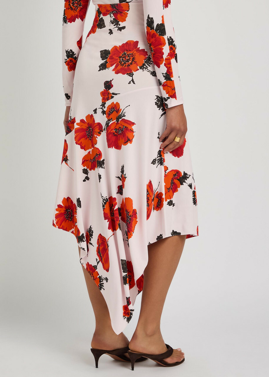 Alaïa Floral-print Asymmetric Jersey Midi Skirt Red