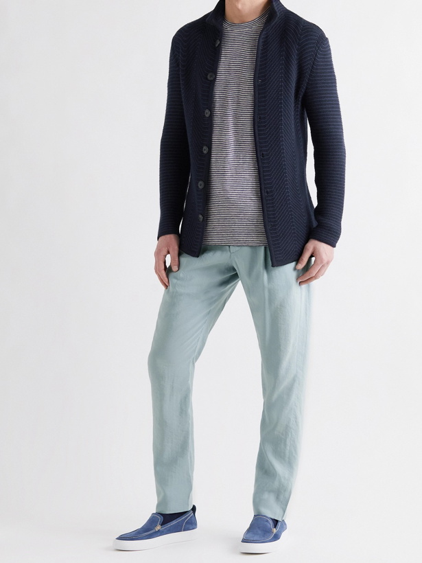 Photo: GIORGIO ARMANI - Slim-Fit Striped Knitted Cotton, Cashmere and Silk-Blend Shirt - Blue
