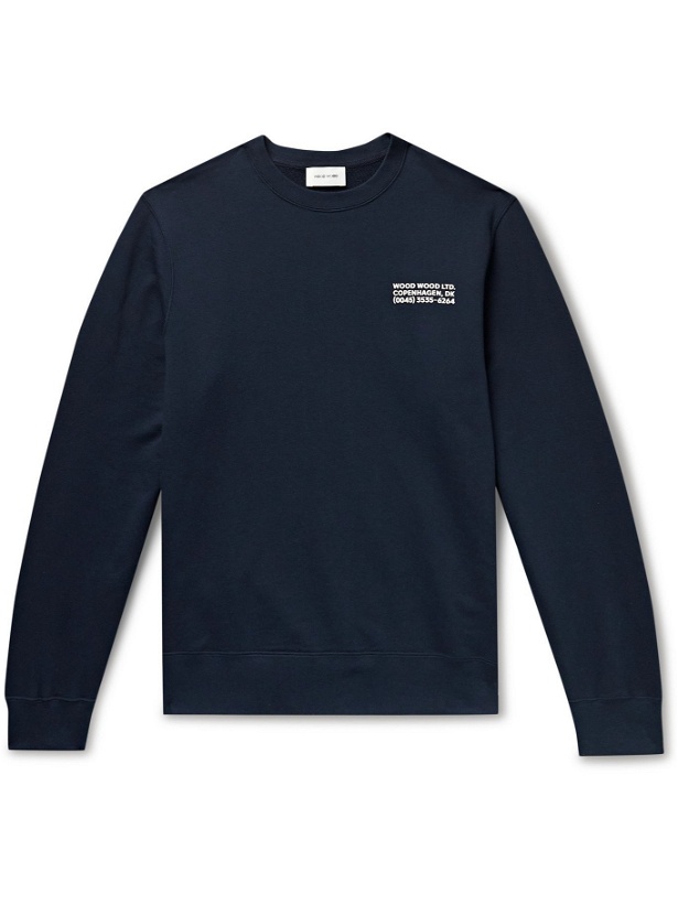 Photo: Wood Wood - Hugh Logo-Print Organic Loopback Cotton-Jersey Sweatshirt - Blue