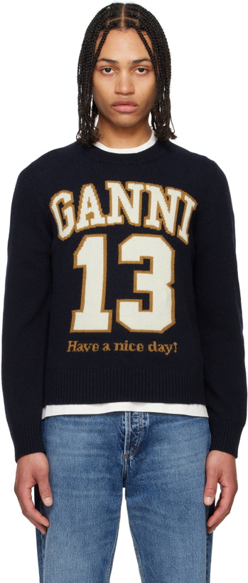 Photo: GANNI Navy Graphic Wool Mix Baseball Sweater