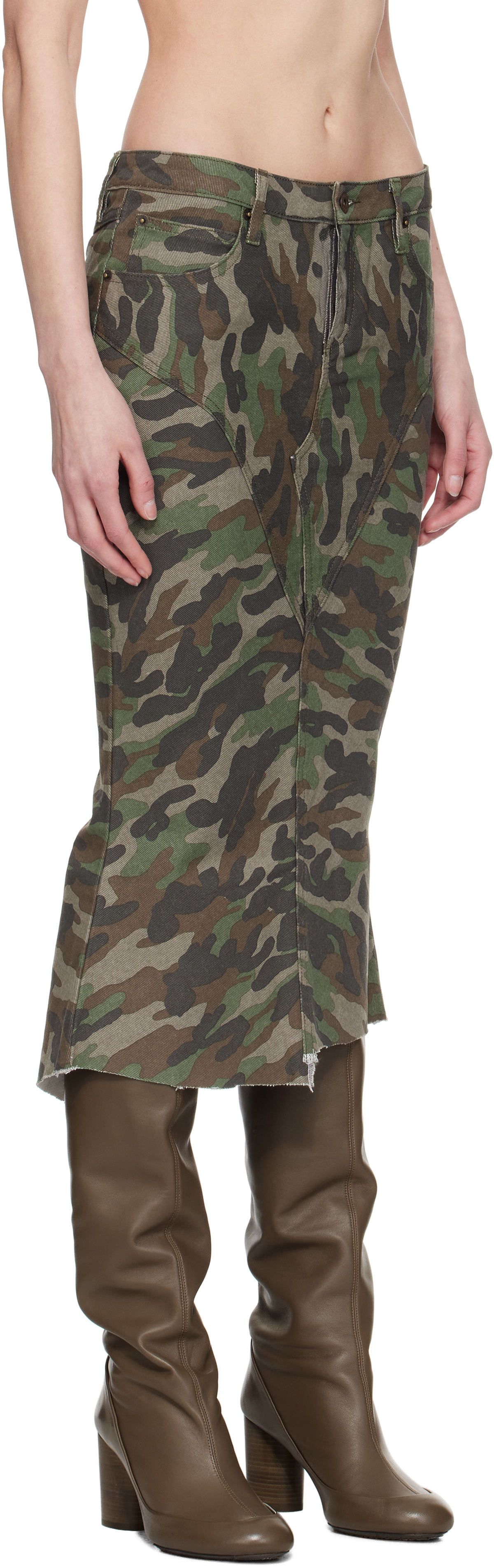 Fax Copy Express Green Camouflage Fishtail Denim Midi Skirt