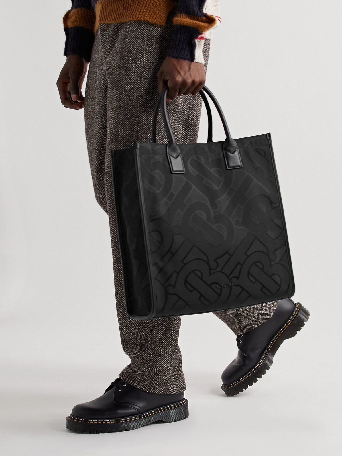 Leather and Logo-Jacquard Tote Bag