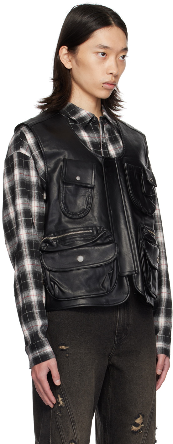 lesugiatelier Black Utility Pocket Faux-Leather Vest