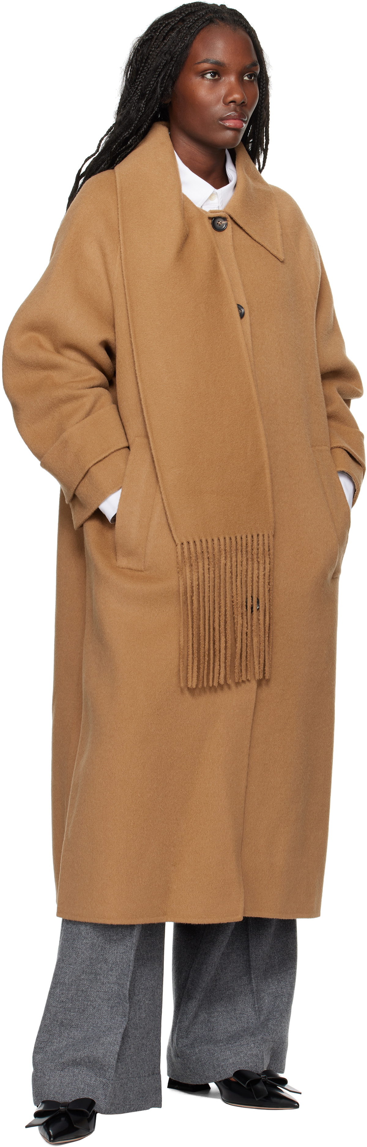 KIMHĒKIM Tan Alpaca Fringe Scarf Long Coat