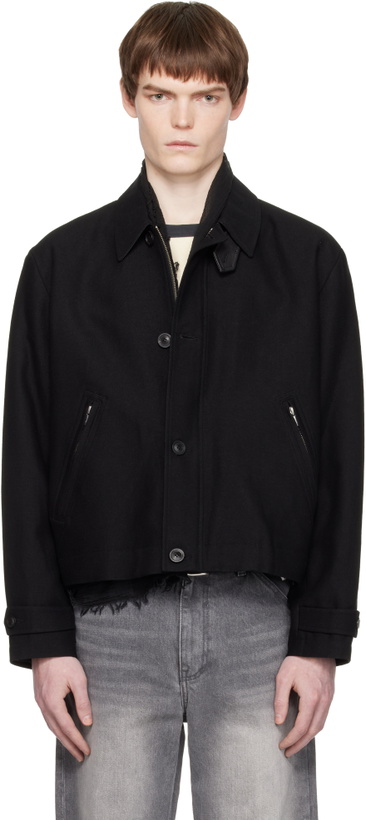 Photo: COOR Black Wool Linen Blend Leather Tab Jacket