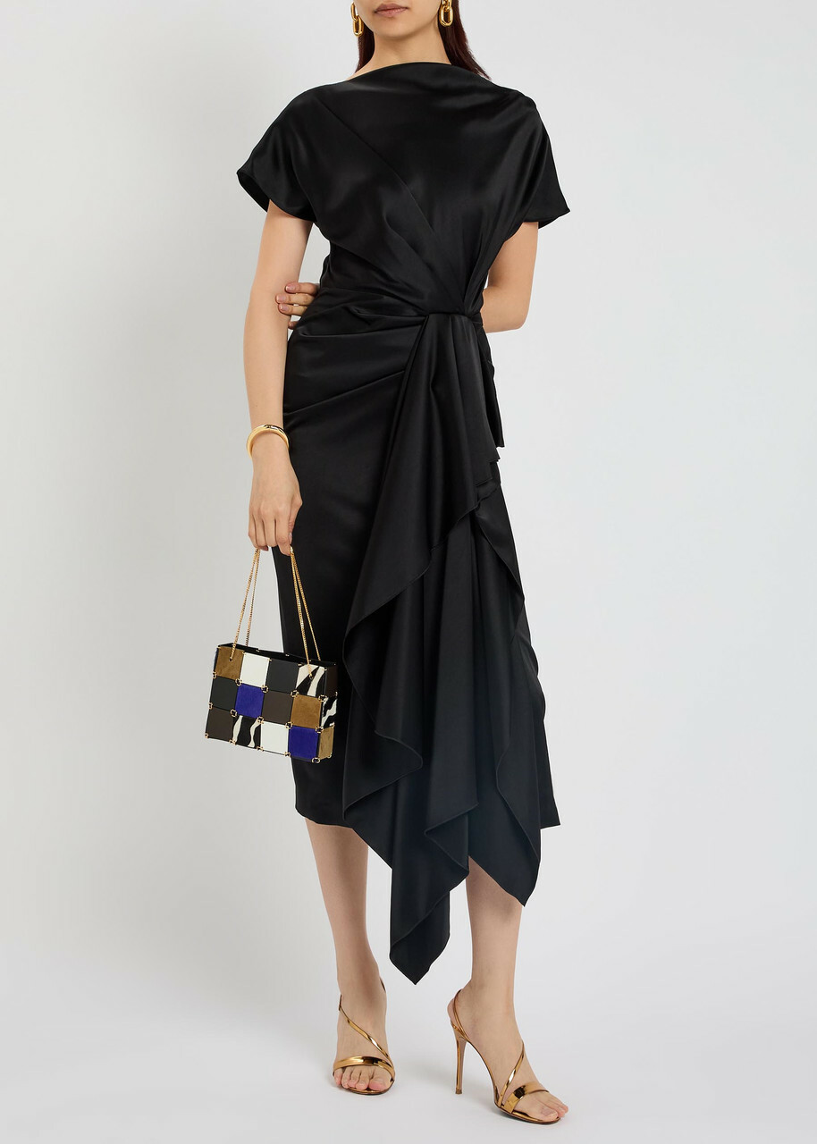 Roksanda Zoa Draped Asymmetric Satin Midi Dress Black