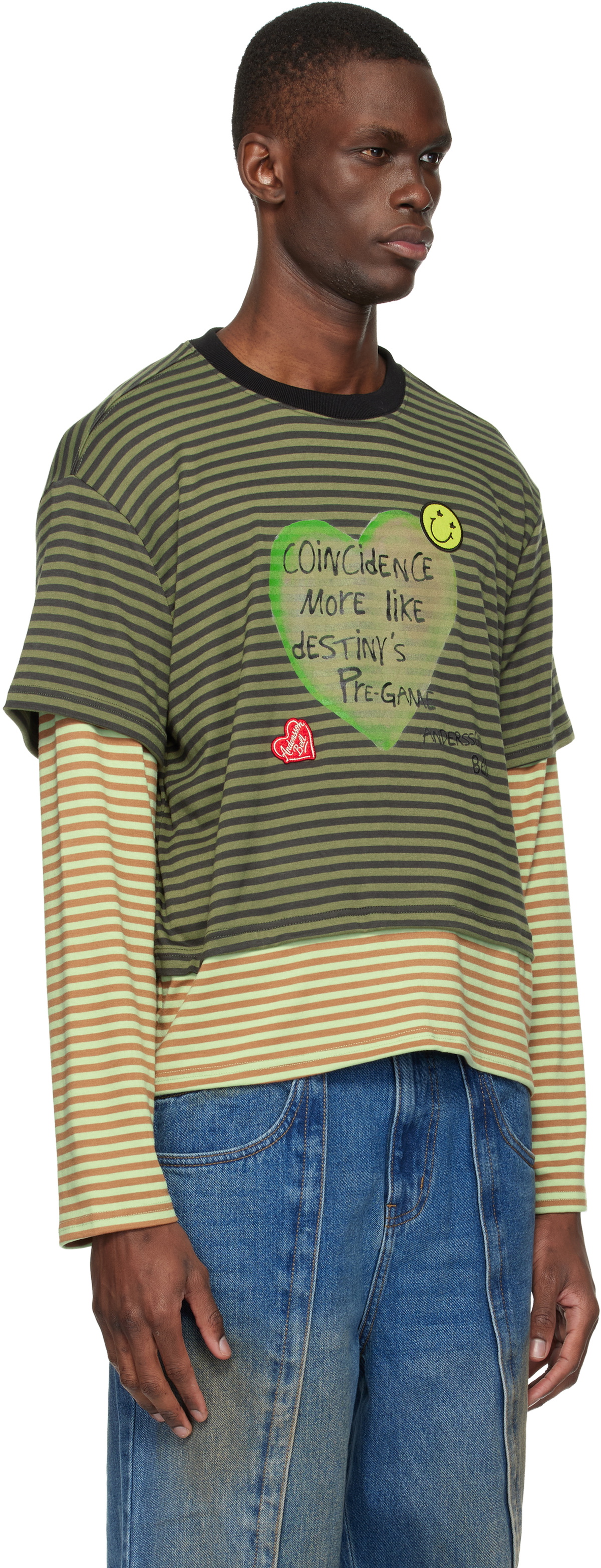 Andersson Bell Khaki Essential Heart Message Stripe Layered LS T-shirt