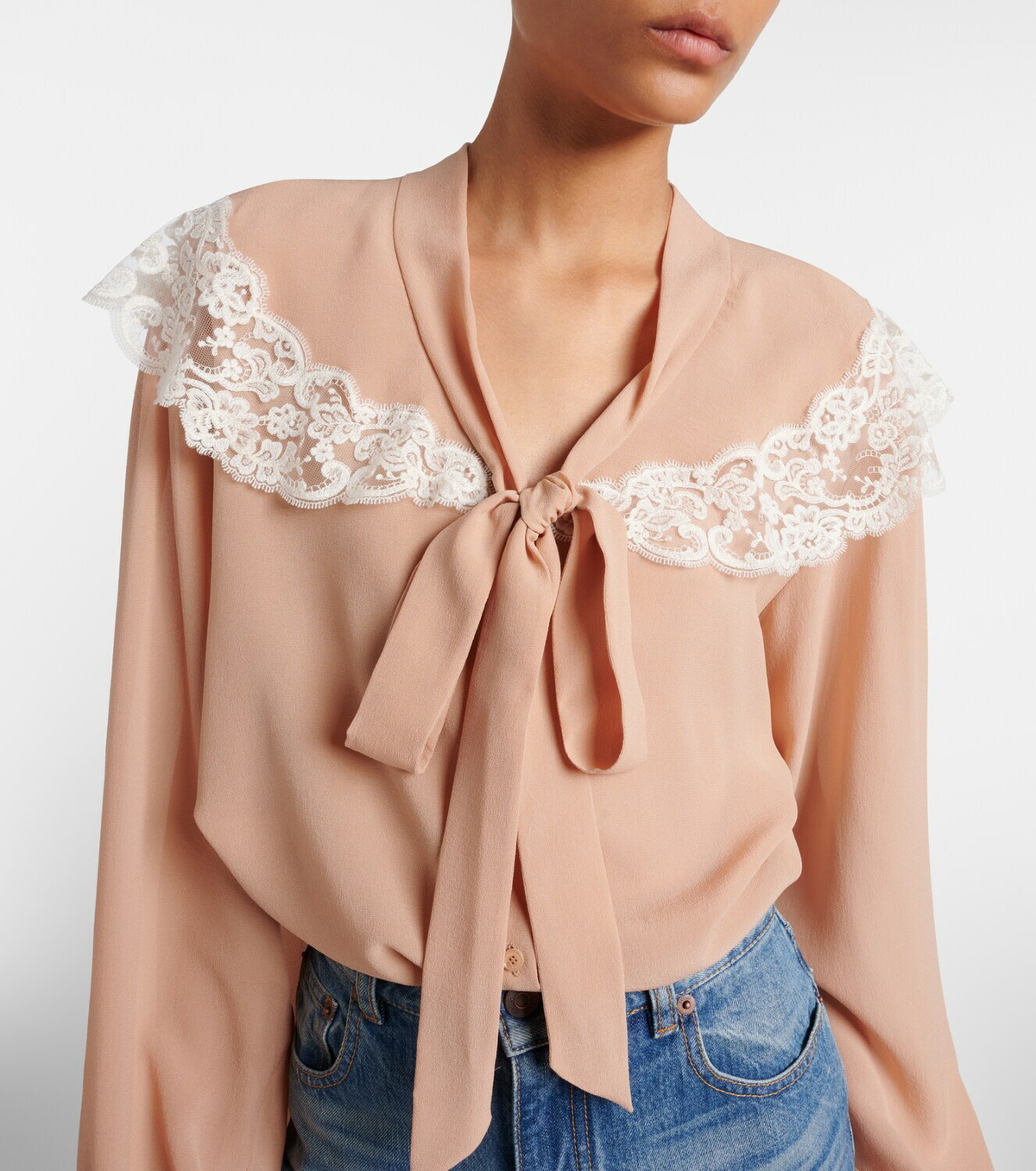 Chloé Lace-trimmed tie-neck silk blouse