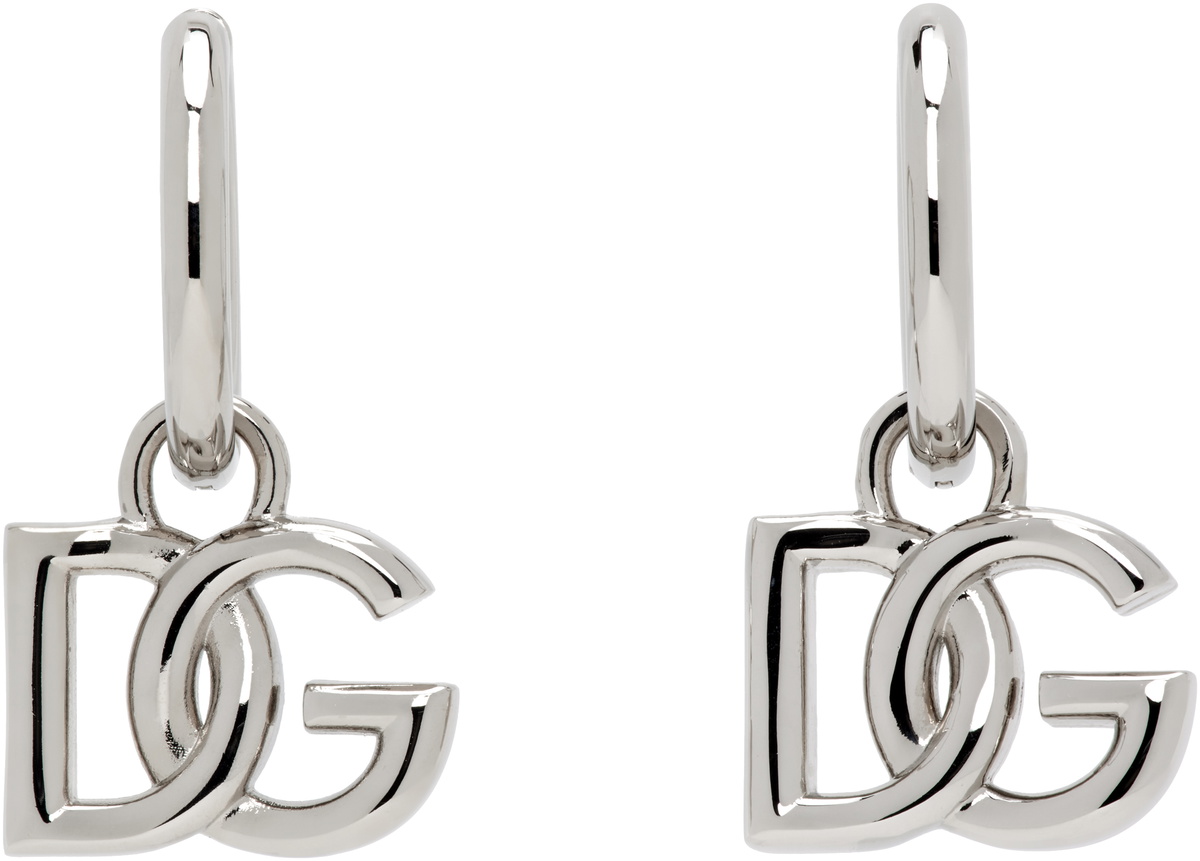 Dolce&Gabbana Silver 'DG' Logo Pendant Hoop Earrings