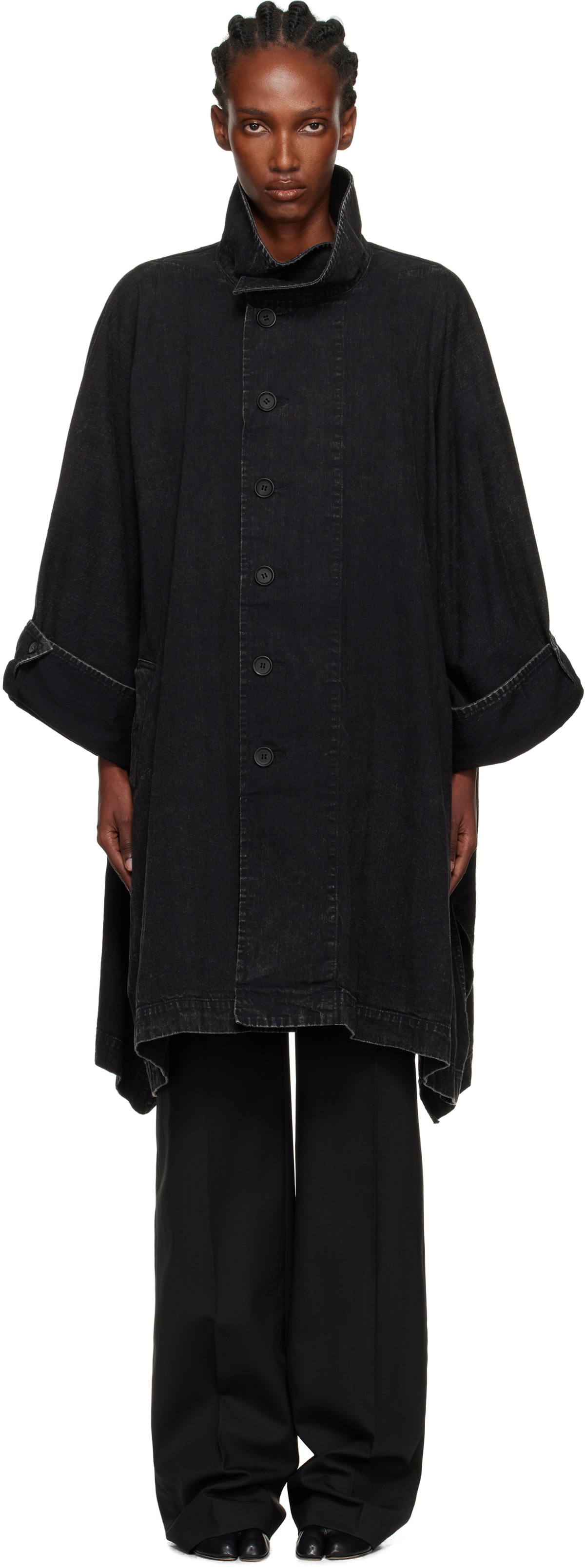 YOHJI YAMAMOTO Black High Neck Denim Coat