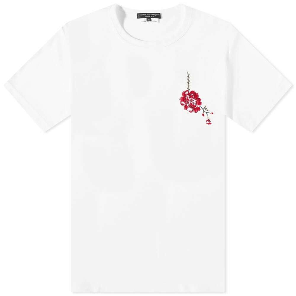 Photo: Comme des Garçons Homme Plus Small Rose Embroidery Poly T-Shirt in White