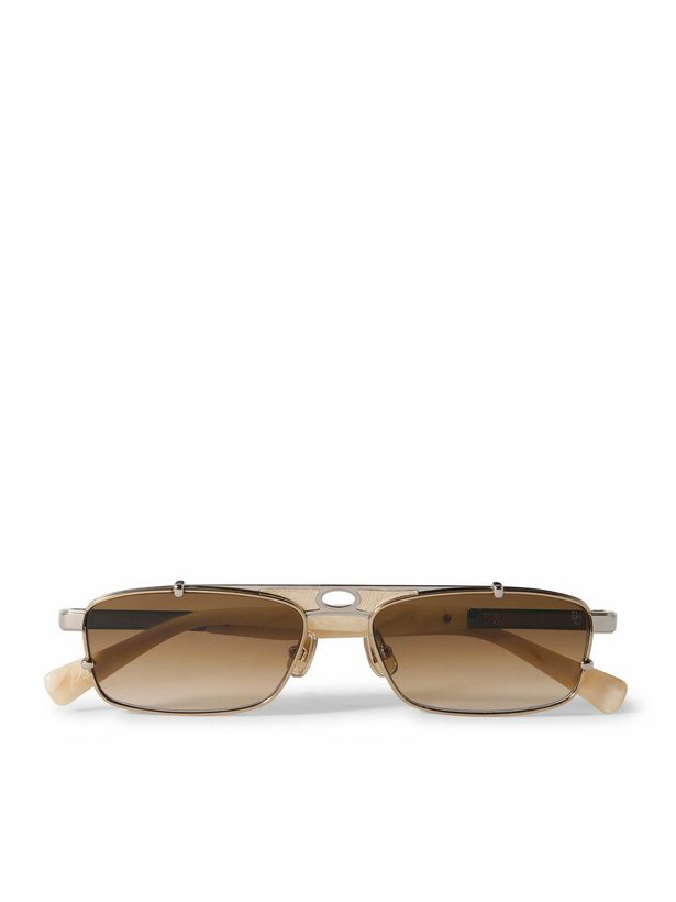 Photo: Brunello Cucinelli - Square-Frame Leather-Trimmed Gold-Tone Sunglasses