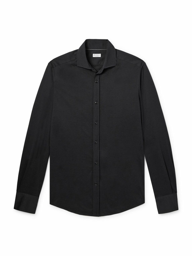 Photo: Brunello Cucinelli - Cutaway-Collar Silk and Cotton-Blend Shirt - Black