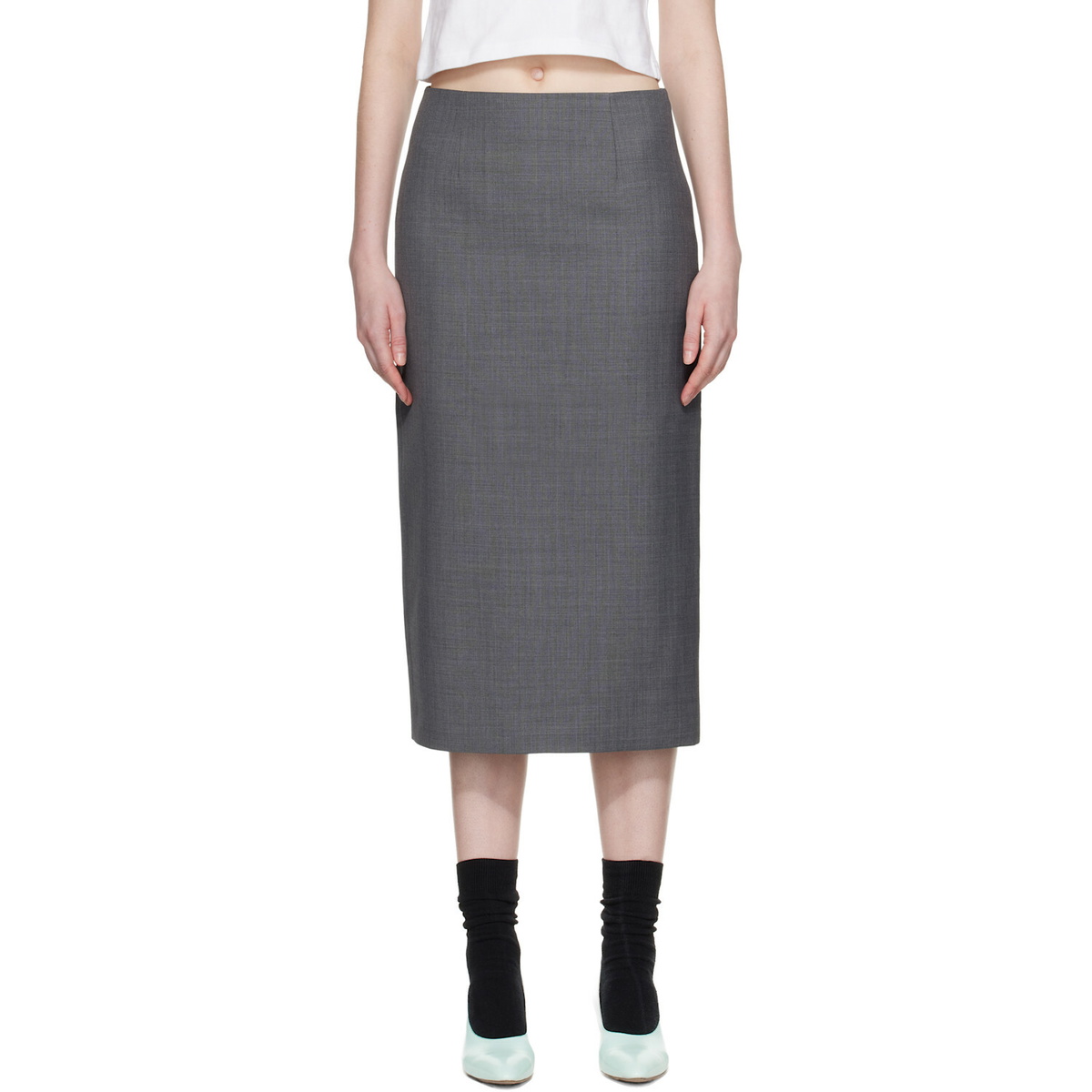 SHUSHU/TONG Gray Straight Fitted Midi Skirt